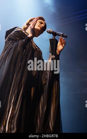 Florence Welch of Florence and the Machine performs at Alexandra Palace in North London. Stock Photo