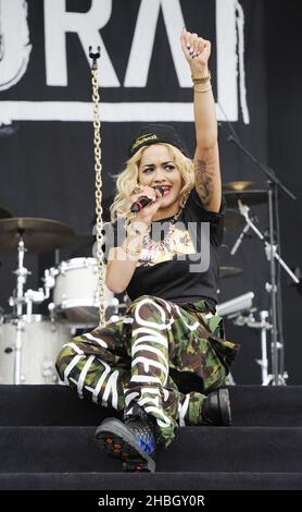 Rita Ora on stage at Day 2 of The Barclaycard Wireless Festival at Hyde Park in London. Stock Photo
