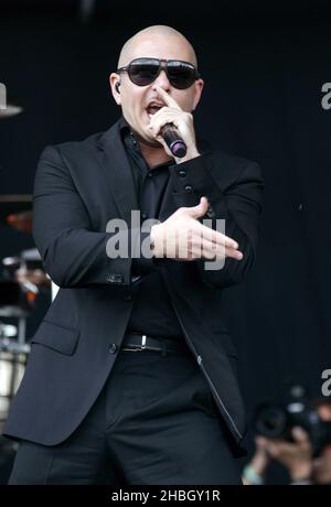 Pitbull perform on stage at Day 3 of The Barclaycard Wireless Festival at Hyde Park in London. Stock Photo
