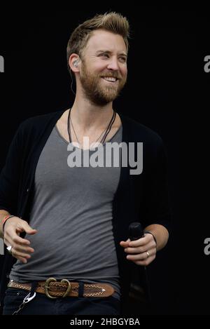 Charles Kelley of Lady Antebellum performs on stage at Hard Rock Calling Day 2 at Hyde Park,Saturday on July 14,2012. Stock Photo