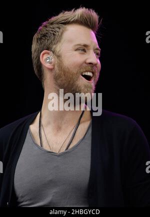 Charles Kelley of Lady Antebellum performs on stage at Hard Rock Calling Day 2 at Hyde Park,Saturday on July 14,2012. Stock Photo