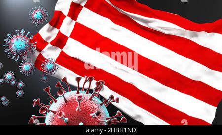 Bremen and covid pandemic - virus attacking a city flag of Bremen as a symbol of a fight and struggle with the virus pandemic in this city, 3d illustr