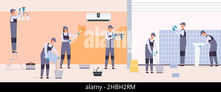 Professional repairman team renovatie living room interior. Repair service workers paint wall and lay tiles. Handyman brigade vector concept Stock Vector