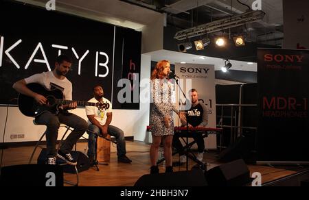 Katy B performs at the launch of her new Sony MDR-1 headphones range at HMV Oxford Circus in London.  Katy B performs at the launch of her new Sony MDR-1 headphones range at HMV Oxford Circus in London. Stock Photo