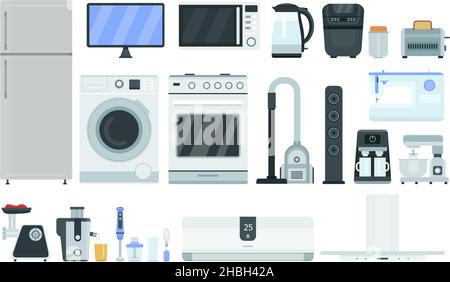 Flat kitchen electrics and appliances, home technology items. Refrigerator freezer, tv, oven, microwave, conditioner and washer vector set Stock Vector