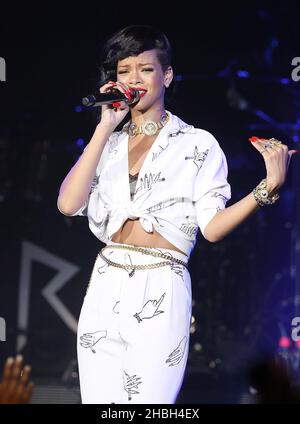 Rihanna performs a secret gig as part of her 777 tour at the HMV Forum in Kentish Town, London. Stock Photo