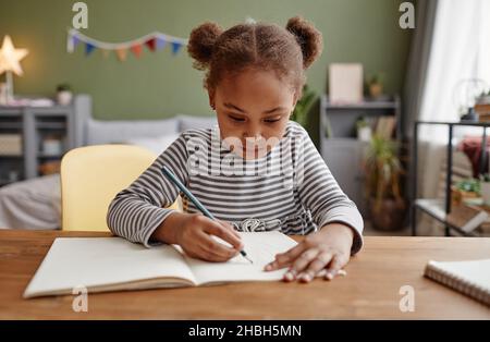 Front view portrait of cute African-American girl doing homework while sitting at wooden desk, copy space Stock Photo