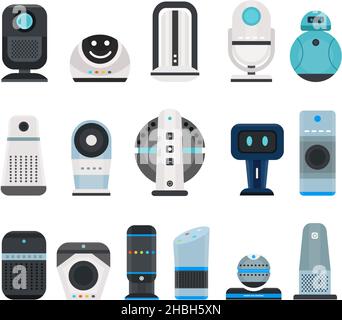Flat smart speakers and home voice assistant devices. Audio ai control interface for internet of things. Digital house technology vector set Stock Vector