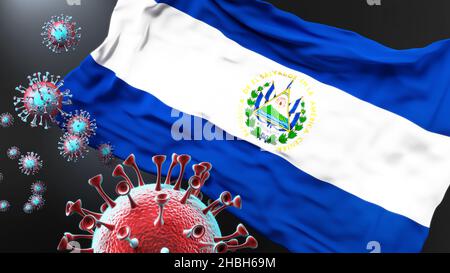 El Salvador and the covid pandemic - corona virus attacking national flag of El Salvador to symbolize the fight, struggle and the virus presence in th Stock Photo