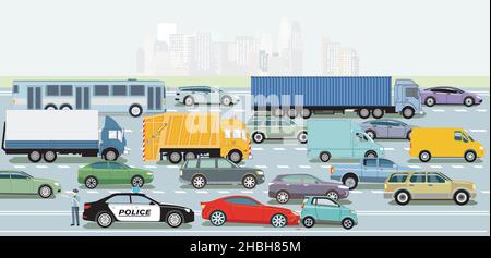 Highway with trucks and passenger cars, illustration Stock Vector