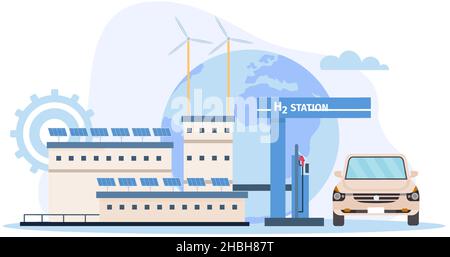 Flat hydrogen fuel factory, gas station and car. Ecologic renewable energy generation by PEM water electrolysis. Hydrogen vector concept Stock Vector