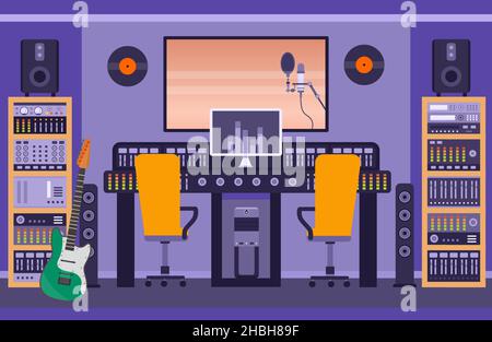 Music recording studio room with loudspeakers, guitar and control panels. Radio booth for singer and bands. Song audio record vector concept Stock Vector