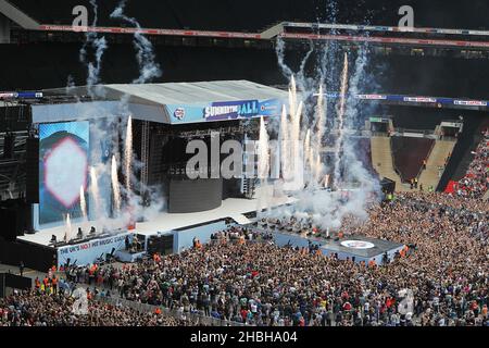 General View of fireworks and stage at the beginning of Capital FM's Summertime Ball at Wembley Stadium, London. Stock Photo