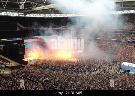 General View of fireworks and stage at the beginning of Capital FM's Summertime Ball at Wembley Stadium, London. Stock Photo