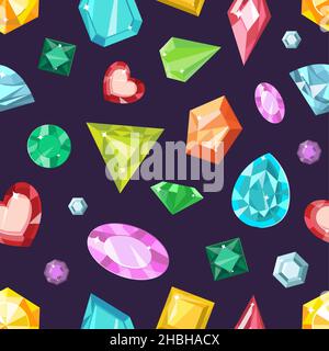 Cartoon jewel gem stones, quartz and diamonds seamless pattern. Print with fashion gemstones shapes. Jewelry sparkle crystals vector texture Stock Vector