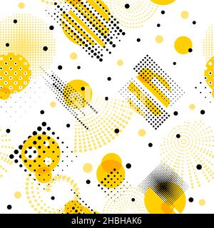 Circle memphis abstract pattern. Geometric perforation circles, minimalism style print. Rounded repeated art, black yellow elements recent vector Stock Vector
