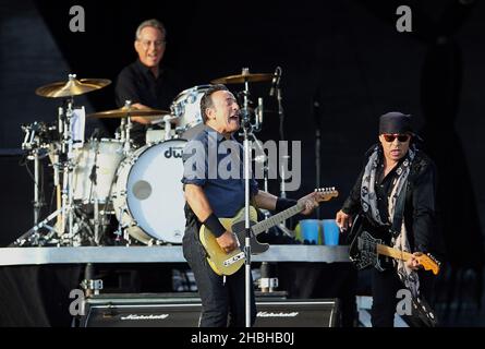 Headliner Bruce Springsteen performs on stage during day 2 of Hard Rock Calling at Olympic Park, London Stock Photo