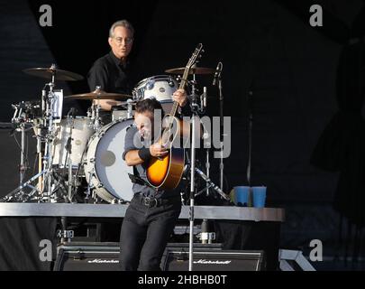 Headliner Bruce Springsteen performs on stage during day 2 of Hard Rock Calling at Olympic Park, London Stock Photo