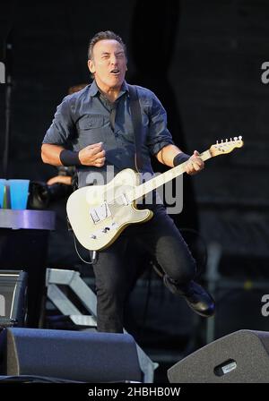 Headliner Bruce Springsteen performs on stage during day 2 of Hard Rock Calling at Olympic Park, London Stock Photo