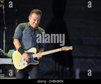 Headliner Bruce Springsteen performs on stage during day 2 of Hard Rock Calling at Olympic Park, London Stock Photo