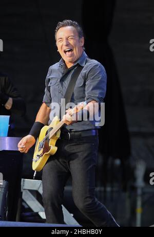 Headliner Bruce Springsteen performs on stage during day 2 of Hard Rock Calling at Olympic Park, London Stock Photo