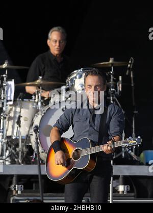 Headliner Bruce Springsteen performs on stage during day 2 of Hard Rock Calling at Olympic Park, London Stock Photo