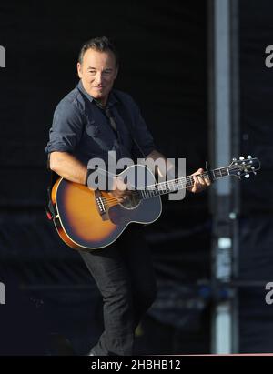 Headliner Bruce Springsteen performs on stage during day 2 of Hard Rock Calling at Olympic Park, London Stock Photo