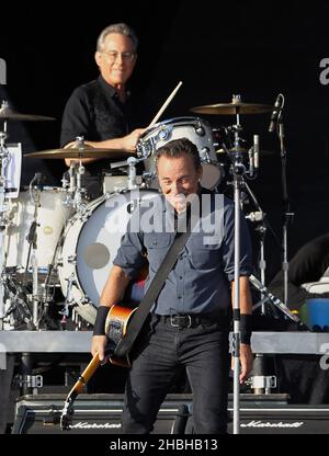 Headliner Bruce Springsteen performs on stage during day 2 of Hard Rock Calling at Olympic Park, London Stock Photo