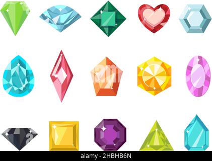 Cartoon jewelry gem stone, diamond and brilliant icons. Flat gemstone for game. Shiny crystal, emerald, ruby heart and aquamarine vector set Stock Vector