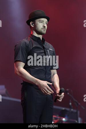 Justin Timberlake headlines and performs on stage at the Wireless Festival Day 1 at Olympia Park, Stratford in East London. Stock Photo