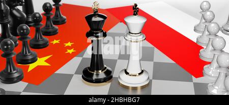 China and Indonesia - talks, debate, dialog or a confrontation between those two countries shown as two chess kings with flags that symbolize art of m Stock Photo