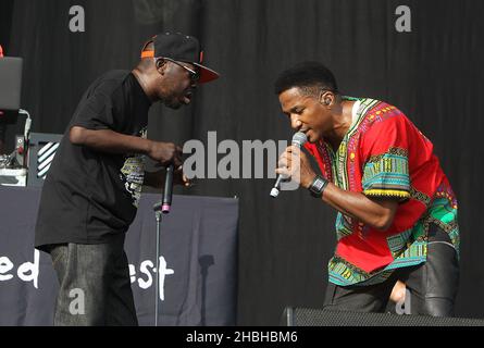 Phife Dawg and Jarobi White of a Tribe Called Quest perform on stage at Wireless Festival on Day 3 at Olympia Park in Stratford,East London. Stock Photo