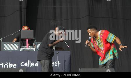 Phife Dawg and Jarobi White of a Tribe Called Quest perform on stage at Wireless Festival on Day 3 at Olympia Park in Stratford,East London. Stock Photo