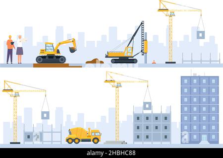 Flat houses construction process stages with building machinery. Engineers, excavator and crane build. Real estate industry vector concept Stock Vector