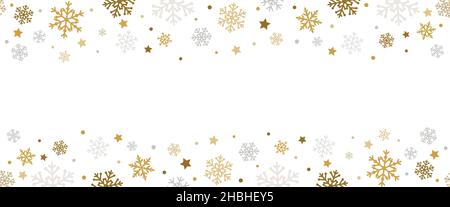 Golden falling snowflakes, stars and confetti seamless banner. Happy New Year or Merry Christmas background with vector gold and silver snow fall Stock Vector