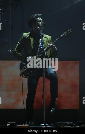 Alex Turner of the Arctic Monkeys performs on stage during the 2014 Brit Awards at the O2 Arena, London. Stock Photo