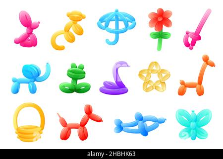 Party balloon elements. Balloons animals, isolated toys for kids festival. Entertainment equipment, butterfly, flower, pets recent vector set