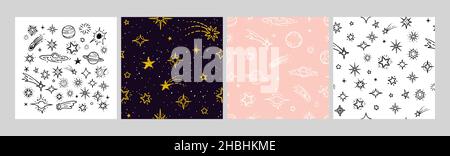 Doodle space elements. Star and planets pattern set. Universe seamless texture, falling stars, abstract spaceships vector background Stock Vector
