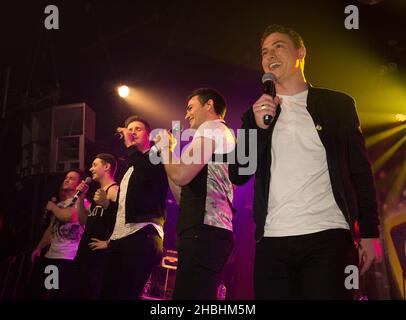 (L-R) Richard Hadfield, Michael Auger, Matt Pagan, Thomas Redgrave and Jamie Lambert of Collabro perform on stage at G-A-Y Heaven in London. Stock Photo