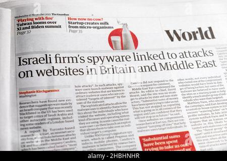 'Israeli firm's spyware linked to attacks on websites in Britain and Middle East' Guardian newspaper headline clipping 17 November 2021 in  London UK Stock Photo