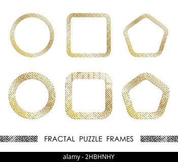 Set of golden round and square abstract geometric fractal PUZZLE frames for decorative headers. Gold ornates mosaic frames isolated on white backgroun Stock Vector