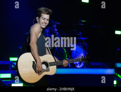 James McVey of The Vamps performss at the Eventim Hammersmith Apollo in London. Stock Photo