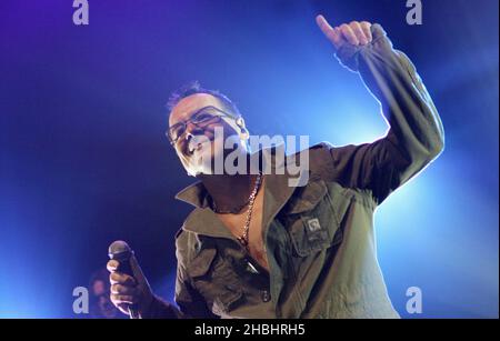 Jim Kerr of Scottish pop-rock group Simple Minds perform live on stage their latest album 'Black & White 050505' at The Astoria on February 13, 2006 in London. Stock Photo