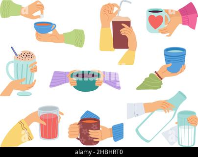 Hands holding beverages. Latte and tea, coffee mug. Different drinks in hand, cafe concept. People give cups, morning glass of milk or juice, decent Stock Vector