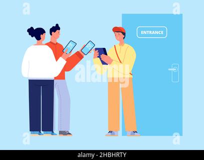 QR code control. Vaccination identification, people with barcodes for entrance. Controller checks personal codes for entry, vector concept Stock Vector