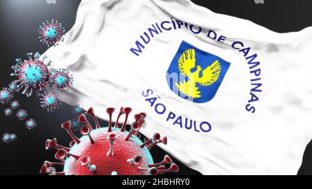 Campinas and covid pandemic - virus attacking a city flag of Campinas as a symbol of a fight and struggle with the virus pandemic in this city, 3d ill Stock Photo