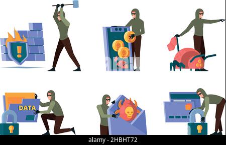 Hacking thief. Phishing software attack programmers code from cybercrime fix bugs and spam protection garish vector flat illustration Stock Vector