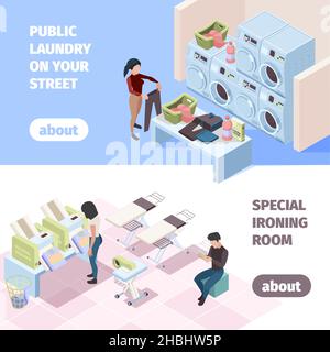 Laundry service banners. People in cleaning room washing self clothes in laundromat win fresh conditioner cleaning garish vector isometric Stock Vector