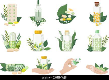 Organic pills. Natural healthy homeopathic food drugs from doctor recipes treatment products recent vector flat pictures collection Stock Vector