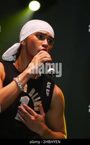 Billy Crawford performs live on stage supporting Liberty X at the Hammersmith Apollo, London. Half Length, bandana. Stock Photo